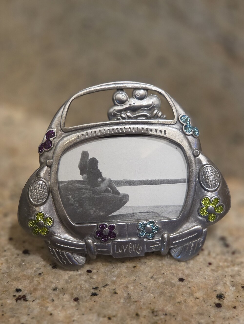 VTG 90s Y2K Pewter VW Beetle Luv Bug Picture Frame Glitter Flowers Room Decor
